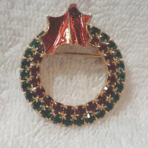Sparkling Red & Green Rhinestone Christmas Brooch